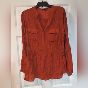 Women's Long Sleeve Textured Button-Front Blouse Burnt Orange XL